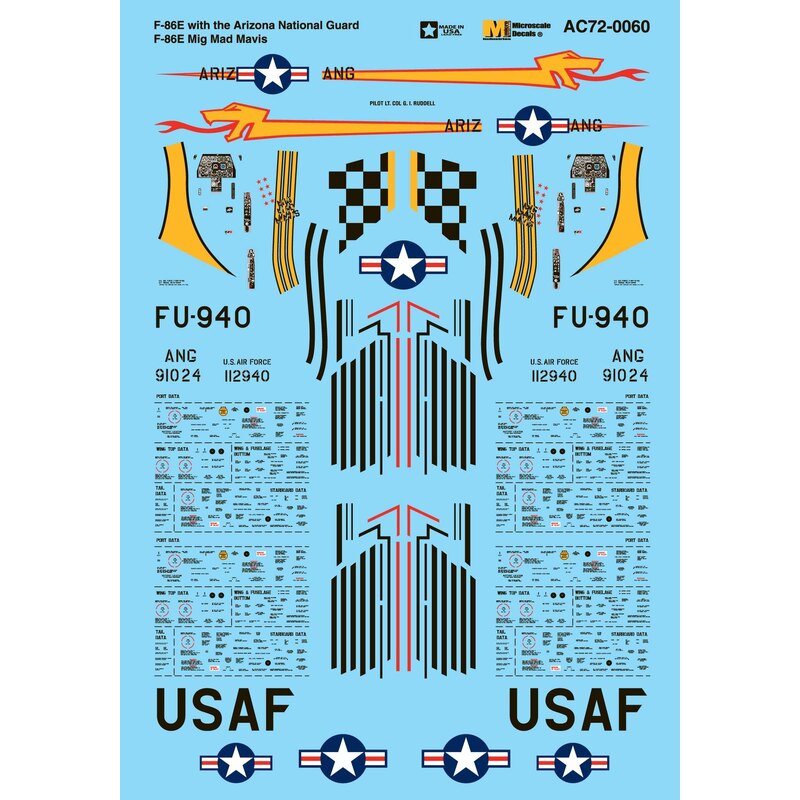 Décal Nor-américain F-86E Sabre (2) 112940 FU-940 38e FS, 51e FW Lt Col George I. Ruddell 'Mig Mad Mavis'; 91024 Arizona ANG ave