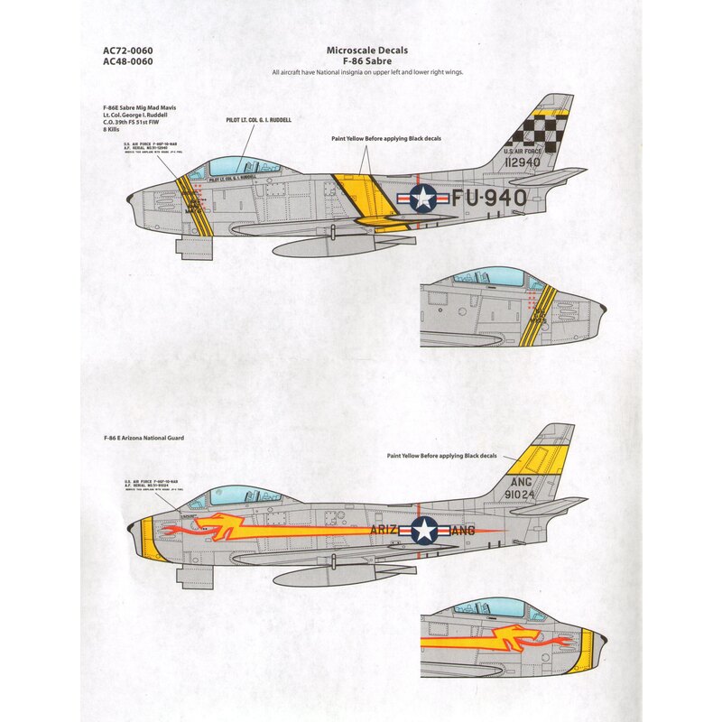 Décal Nor-américain F-86E Sabre (2) 112940 FU-940 38e FS, 51e FW Lt Col George I. Ruddell 'Mig Mad Mavis'; 91024 Arizona ANG ave