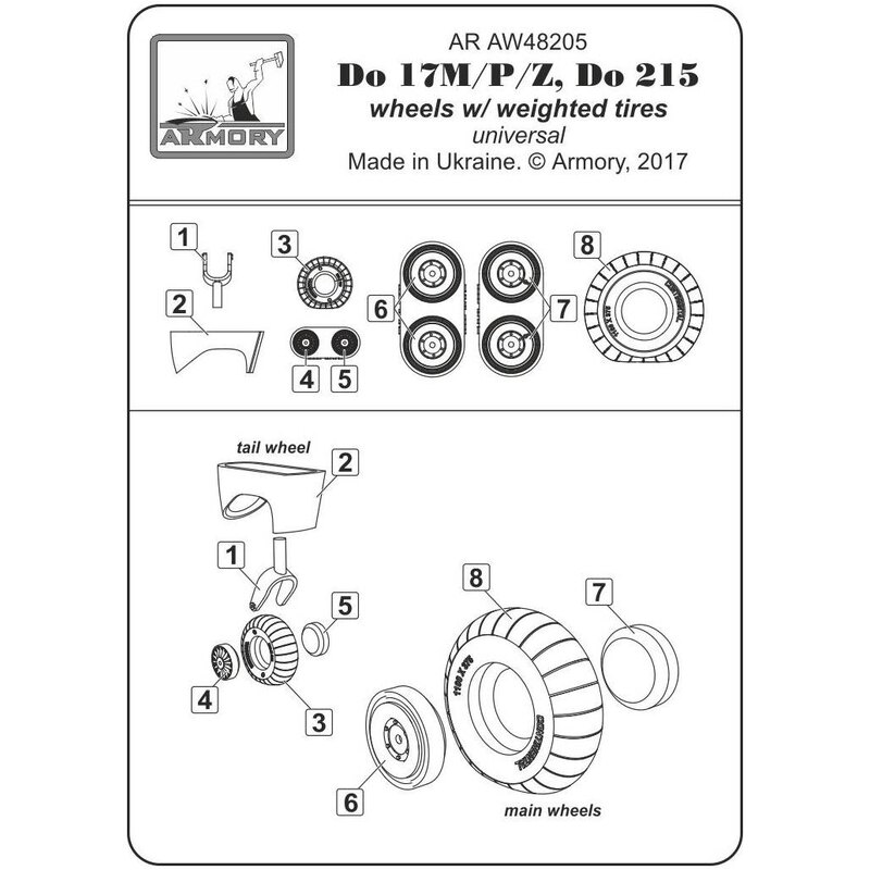 Roues Dornier Do-17M / Do-17P / Do-17Z, Do-215B-5 / Do-215B-4 avec pneus / pneus pondérés (conçus pour être utilisés avec des fu