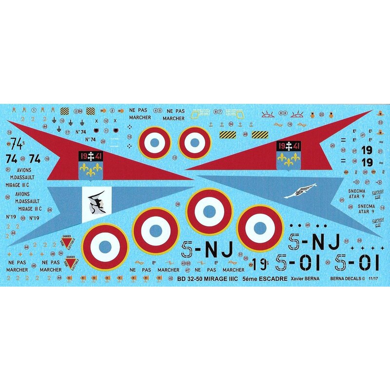 Décal Dassault Mirage IIIC 5ème Escadre: 5-OI N∞19 - GC 2/5 'Ile-de-France' - BA 115 Orange-Caritat 1973, 5-NJ N∞74 - GC 1/5 'Ve