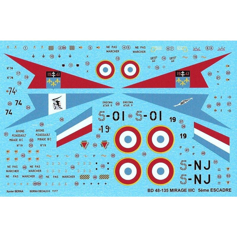 Décal Dassault Mirage IIIC 5ème Escadre: 5-OI N∞19 - GC 2/5 'Ile-de-France' - BA 115 Orange-Caritat 1973, 5-NJ N∞74 - GC 1/5 'Ve