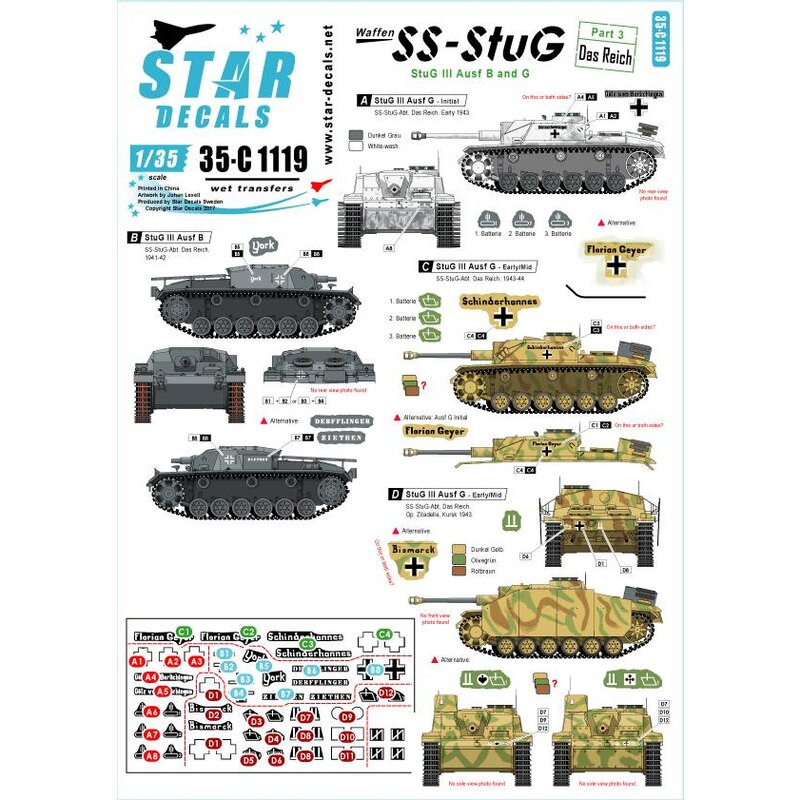 SS-StuG 3. 2. SS-Das Reich. StuG III Ausf.B et Ausf.G. Y compris 'York', 'Ziethen', 'Derfflinger', 'Florian Geyer', 'Bismarck', 