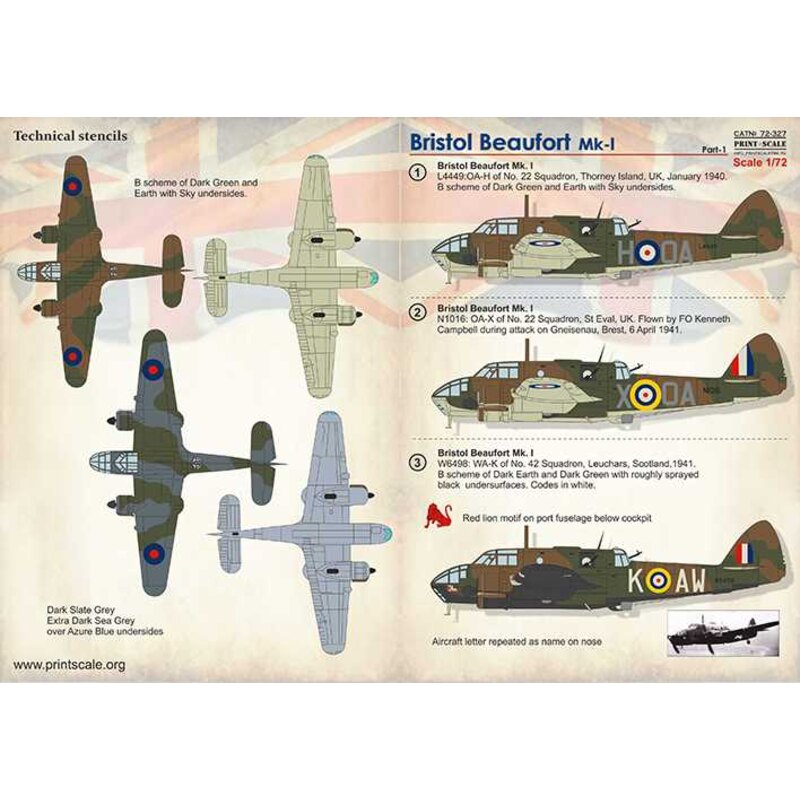 Décal Bristol Beaufort Partie 1 1. Bristol Beaufort Mk.l L4449: OA-H de l'escadron n ° 22, Thorney Island, Royaume-Uni, janvier 