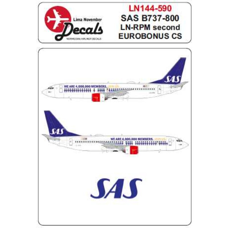 Décal SAS Boeing 737-800 LN-RPM deuxième Eurobonus cs pour les kits Zvezda et Revell