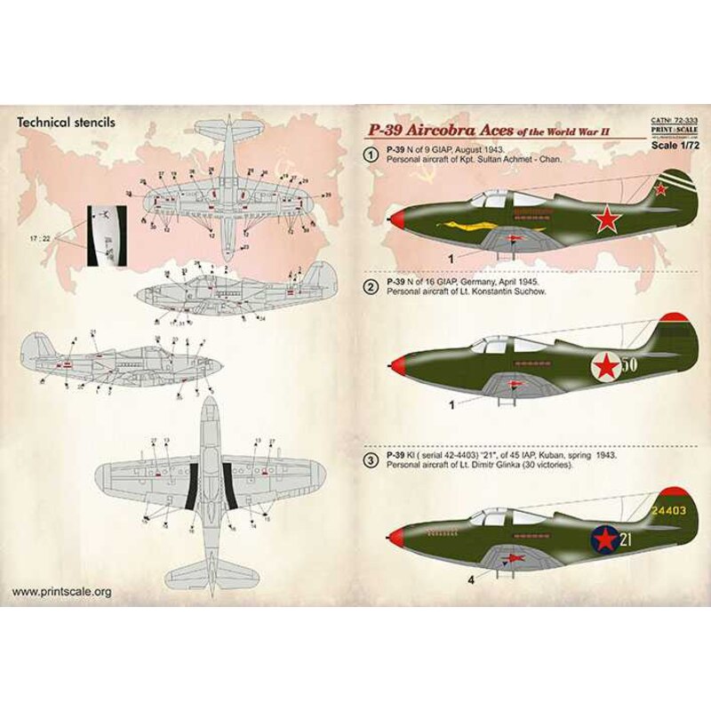 Décal Bell P-39 Aircobra Aces of the World War II 1. P-39N of 9 GIAP, August 1943. Personal aircraft of Kpt. Sultan Achmet - Cha