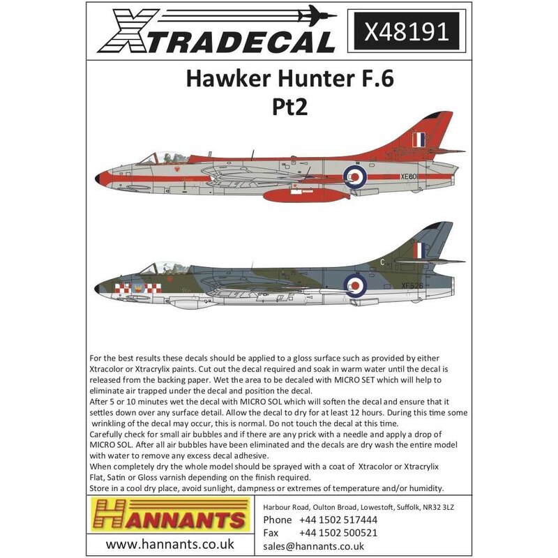 Décal Hawker Hunter Mk.6 Pt 2 (9)XE550/R 93 Sqn Flt/Lt P.Hine RAFG Jever 1960;XE548/W 263 Sqn RAF Wattisham 1958;XG202/H 111 Sqn