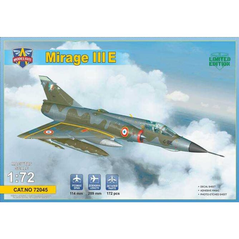 Dassault Mirage IIIE Kit includes:&bullet; 172 parts;&bullet; PE sheet /incl. instrument panel/&bullet; adhesive masks /inner an