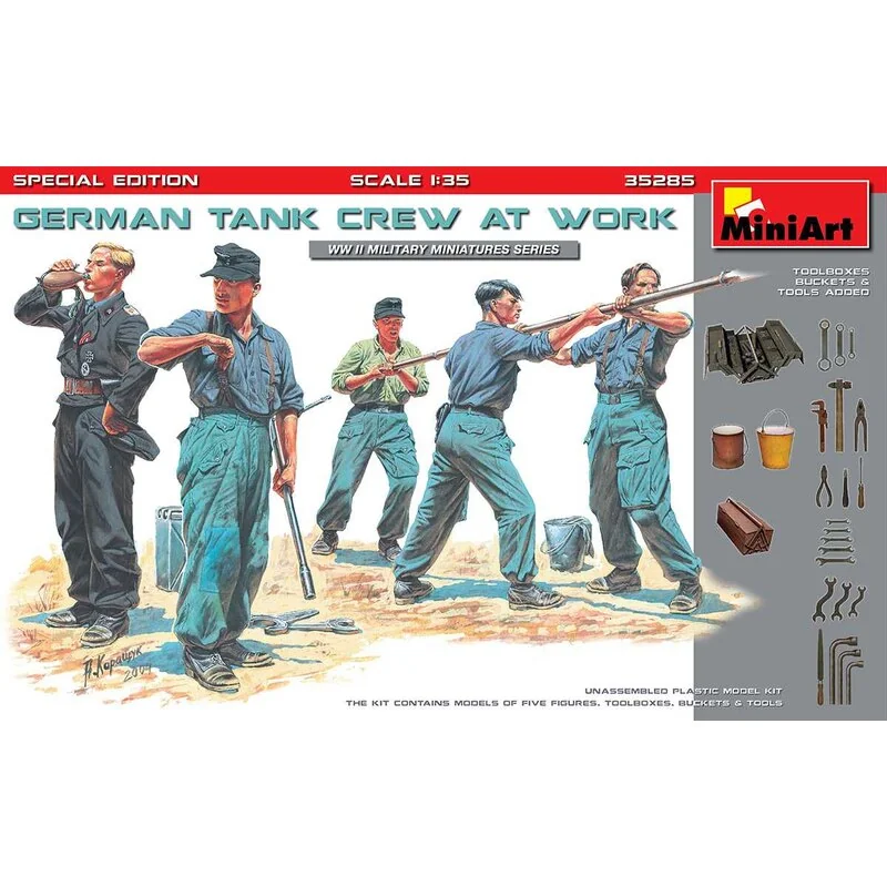 GERMAN TANK CREW/MECHANICS AT WORK. SPECIAL EDITION (WWII) Kit contains 5 unassembled figures of German Tank Crew with 2 Buckets