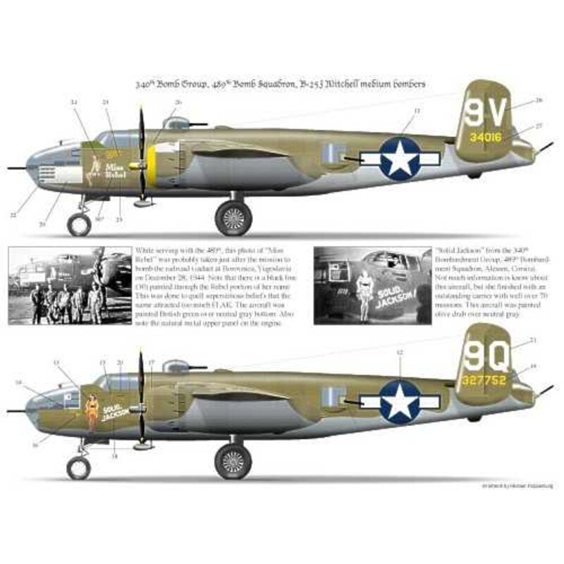 Décal North-American B-25J Mitchell (2) 489th BS 340th BG 43016/9V `Miss Rebel'; 43-27752/9Q `Solid Jackson';