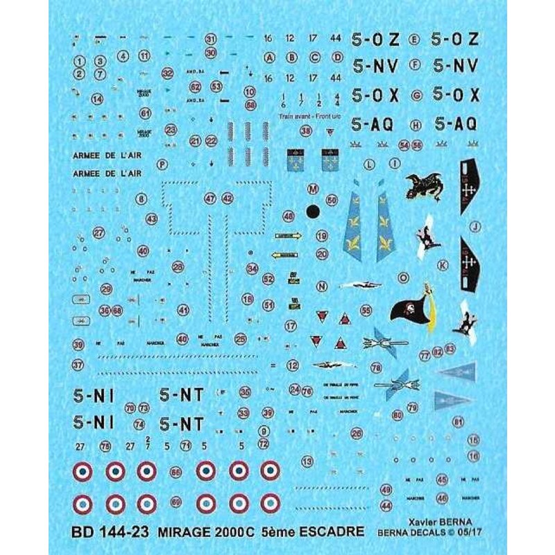 Décal Dassault Mirage 2000C 5eme Escadre: 5-OZ, 5-NV, 5-OX, 5-AQ, 5-NI et 5-NT tous basés à Orange Air Base en 2000