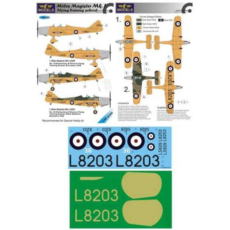 Décal Miles Magister Mk.I école de pilotage (conçu pour être utilisé avec les kits Special Hobby)