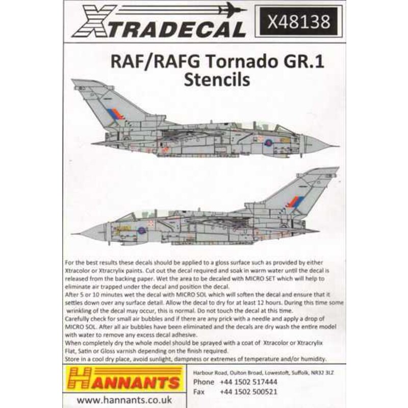 Décal Panavia Tornado données Stencil. Données de pochoir complets pour 2 Royaume-Uni et la RAF en Allemagne (RAFG) (1 chacun) d