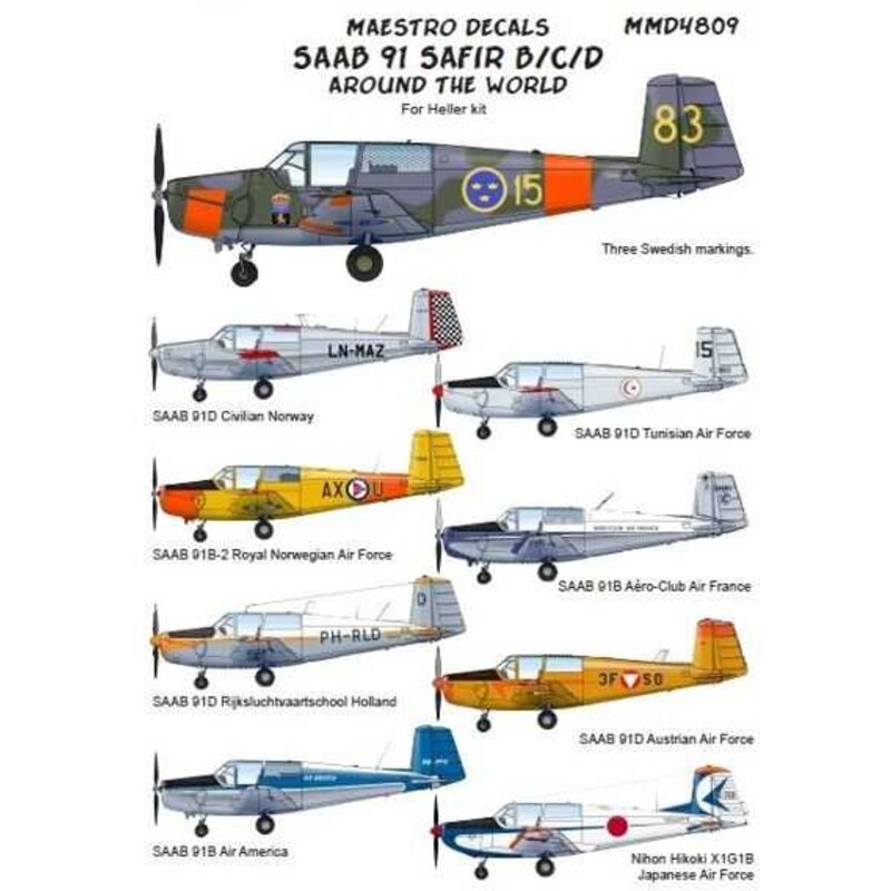 Décal SAAB 91A Safir International (conçu pour être utilisé avec des kits Tarangus)