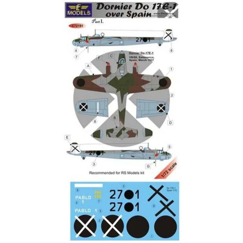 Décal Dornier Do 17E-1 sur l'Espagne - partie I (conçu pour être utilisé avec les kits de modèle RS)