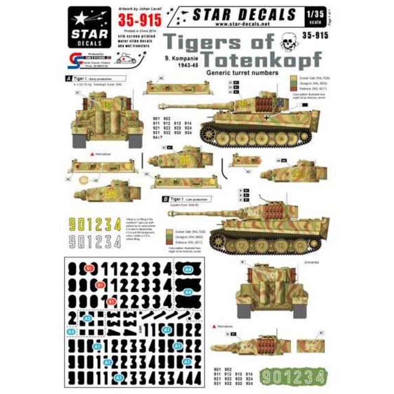 Numéros de tourelle génériques pour hâtive et tardive Tiger I. 9. Kompanie dans 1943-45.Komp. 1943-1945.