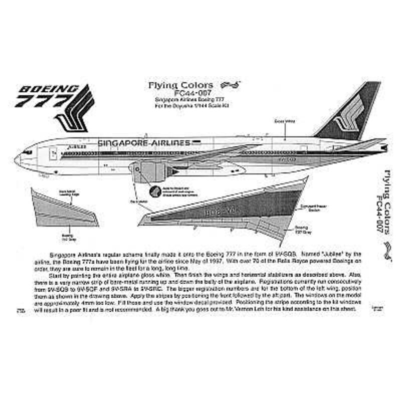 Décal Boeing 777 SINGAPORE AIRLINES (RR) Jubilee. 9V-SQB etc