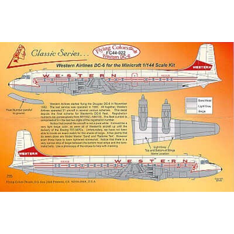 Décal Douglas DC-6 WESTERN AIRLINES Final scheme N93128