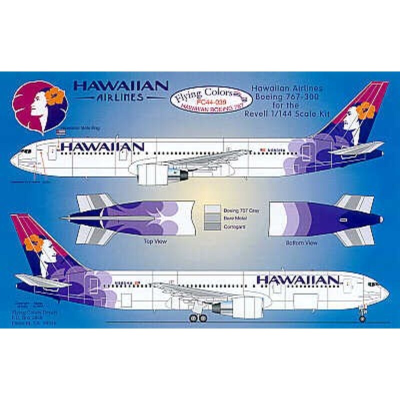 Décal Boeing 767 HAWAIIAN Airlines 2002 scheme. All Registration and names. Revised and reprinted for use on either the Revell o