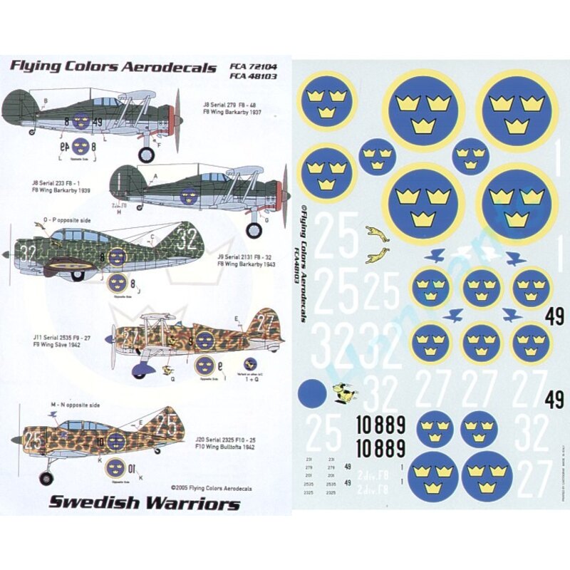 Décal Swedish Air Force Fiat CR.42 F9-27 1942 Re.2000 F10-25 1942 both Italian style camouflage P-35A F8-32 Top Olive green/zinc