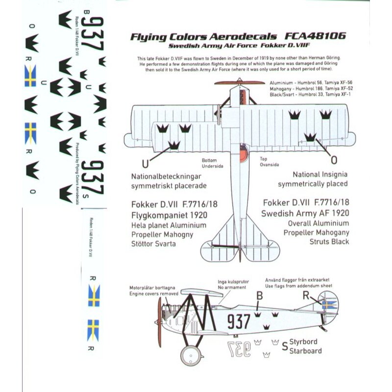 Décal Fokker D.VIIIF No 937 Swedish Army Air Force