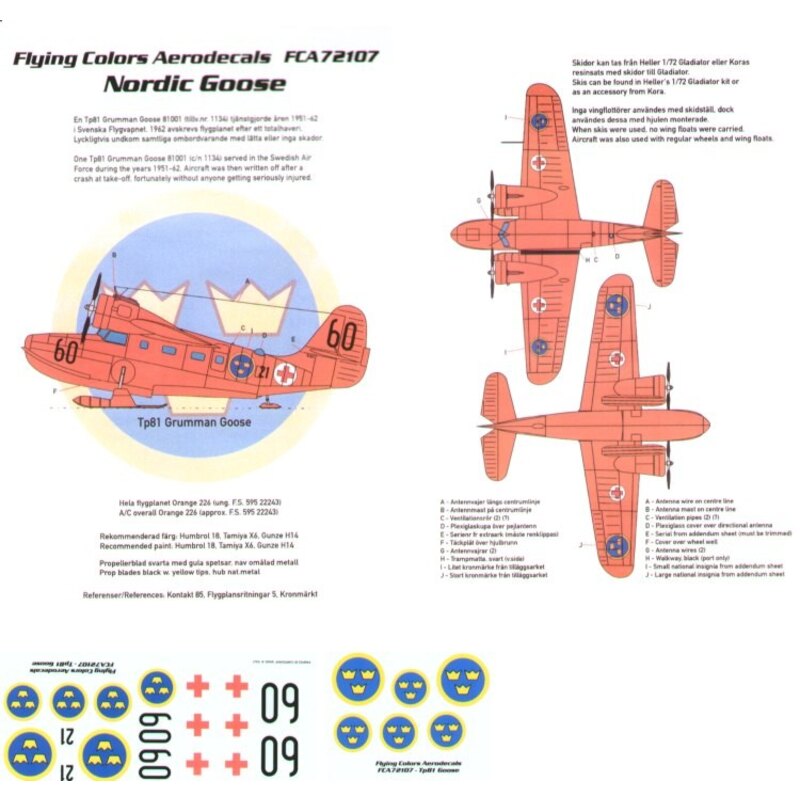 Décal Grumman Goose on Skis or Floats (1) No 60 Overall orange 1951-62 Swedish Air Force