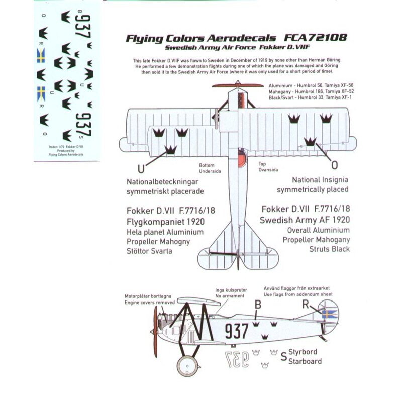 Décal Fokker D.VIIIF No 937 Swedish Army Air Force