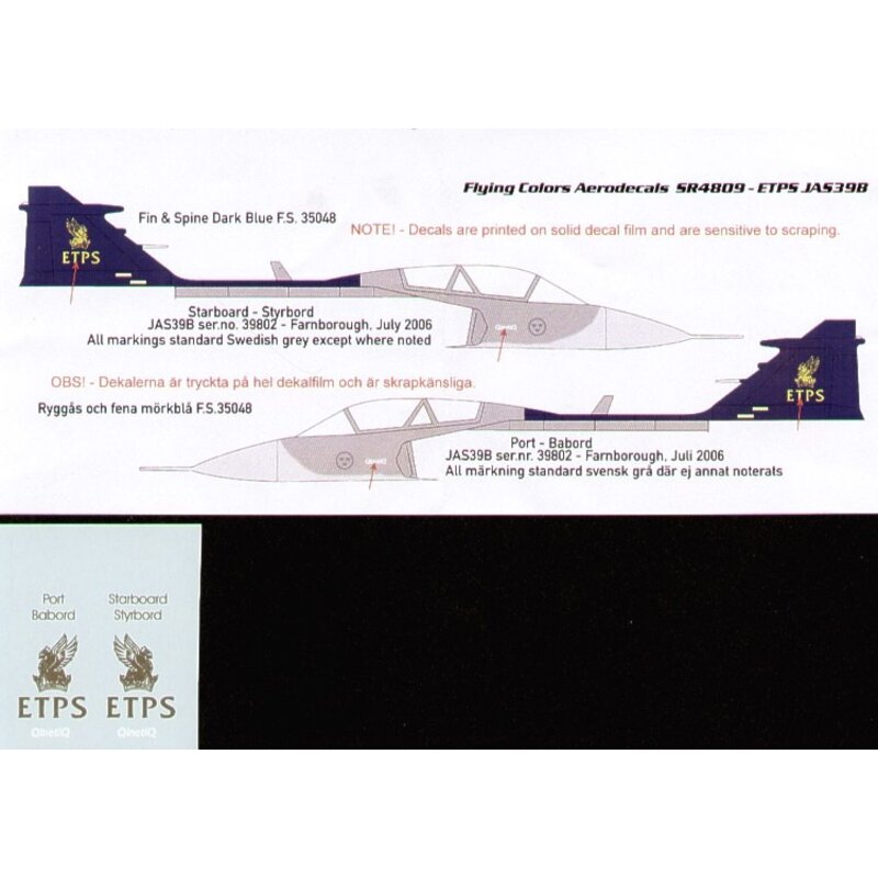 Décal Saab JAS-39B Grippen Gold ETPS lettering only (Alps printed) as carried on display aircraft at Farnborough 2006