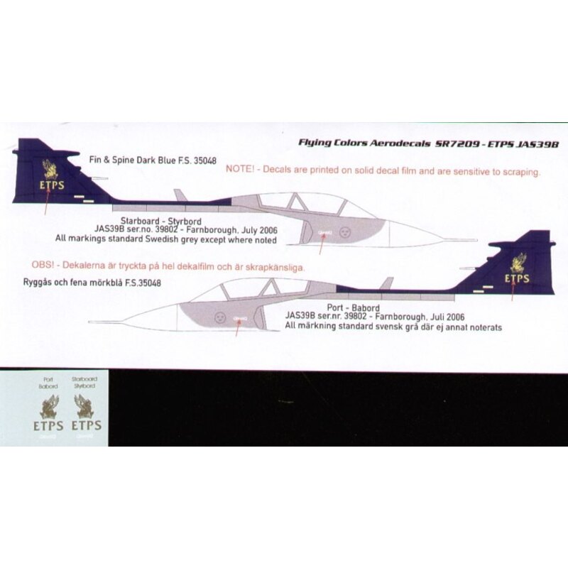 Décal Saab JAS-39B Grippen Gold ETPS lettering only (Alps printed) as carried on display aircraft at Farnborough 2006