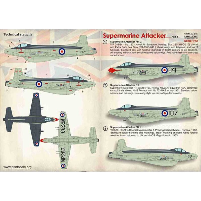 Décal Supermarine Attacker Part-1 1. L'attaquant Supermarine FB.2, WP 283/841, n ° 1833, escadron aéronaval, Honiley. Sky (BS-31