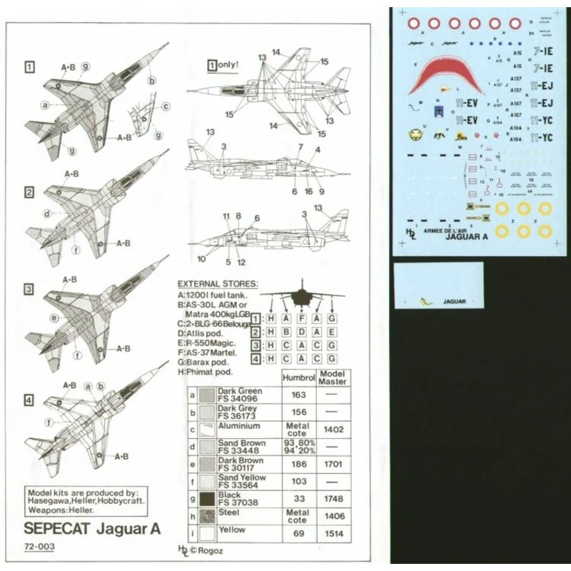 Décal Sepecat Jaguar A (4) EC3/7 7-IE 1986 shark mouth EC1/11 11-EJ Desert Storm EC4/11 11-YC Chad 1984 EC1/11 11-EV 1984 Red Fl