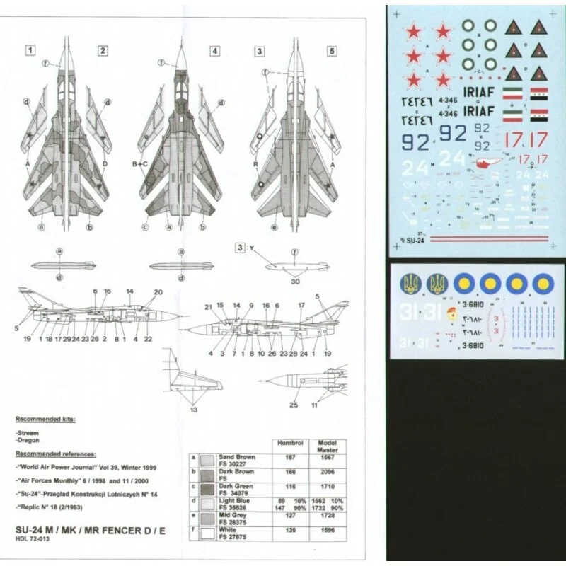 Décal Sukhoi Su-24 Fencer C/D (5) Soviet Blue 92 1991 Red 17 1987 White 24 1988 Iraqi 1991 Iran 1991 ex Iraqi various camouflage