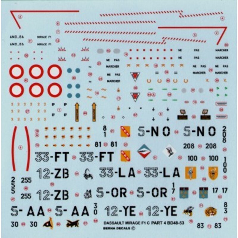 Décal Dassault Mirage F.1C (7) 5-OR EC 2/5 Ile de France 1989 5-AA EC 3/5 Comtat-Venaissin 12-YE EC 1/12 Cambresis 1986 12-ZB EX