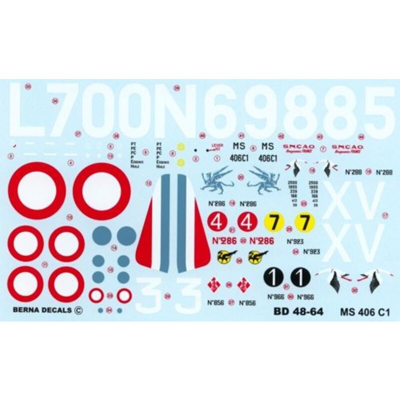 Décal Morane Saulnier MS.406 ACES : Williame n 966 de Puybusque n 288 Dorcy n 286 Raphenne n 856 Romey n 92