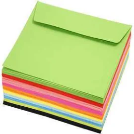 Enveloppes colorées, dim. 16x16 cm, 80 gr, Couleurs assorties, 100pièces