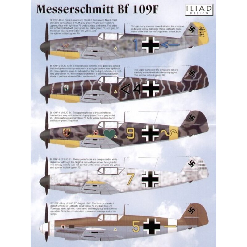 Décal Messerschmitt Bf 109F (5) Blue 1 10/JG2 1941 Black 4 JG52 Yellow 9 9/JG54 Yellow 7 3/JG51 Yellow 5 1/JG27 1942 Desert camo