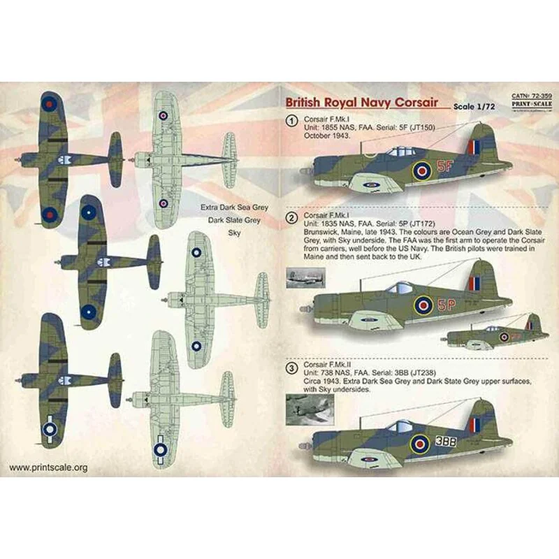 Décal Marine royale britannique Corsair1.Corsair F.Mk.I. Unité: 1855 NAS, FAA.Série: 5F (JT150) Octobre 1943.2. Corsair F.Mk.I. 