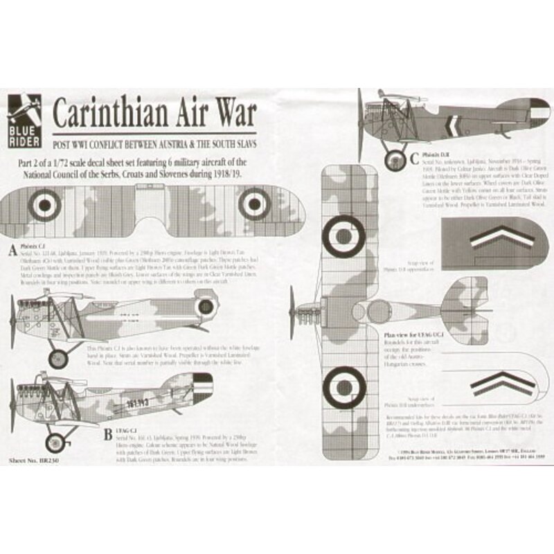 Décal Carinthian Air War Slovenian Air Units Part 2. (6) Phonix C.1 No 121.68 UFAG C.1 No 161 Phonix D.II Phonix D.I Albatros D.