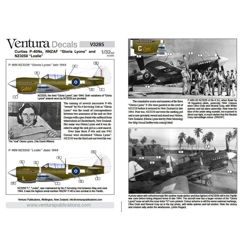 Décal RNZAF Curtiss P-40Ns, décalcomanies "Gloria Lyons" et "Leslie" au 1 / 32ème - P-40N NZ3220 "Gloria Lyons" fin 1944. Deux v