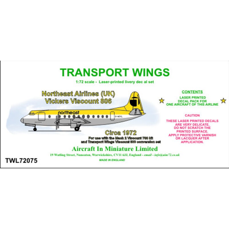 Décal Northeast Airlines (UK) Vickers Viscount 806 - Circa 1972 (conçu pour être utilisé avec le kit Mach 2 Viscount 700 et le k