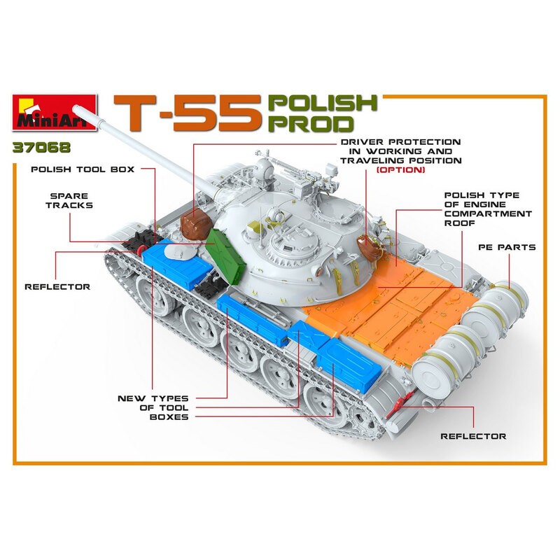 T-55 soviétique POLISH PROD. MODÈLE HAUTEMENT DÉTAILLÉ BARRES DE TORSION PORTABLES LIENS DE VOIE INDIVIDUELS INCLUS PIÈCES ATTAC