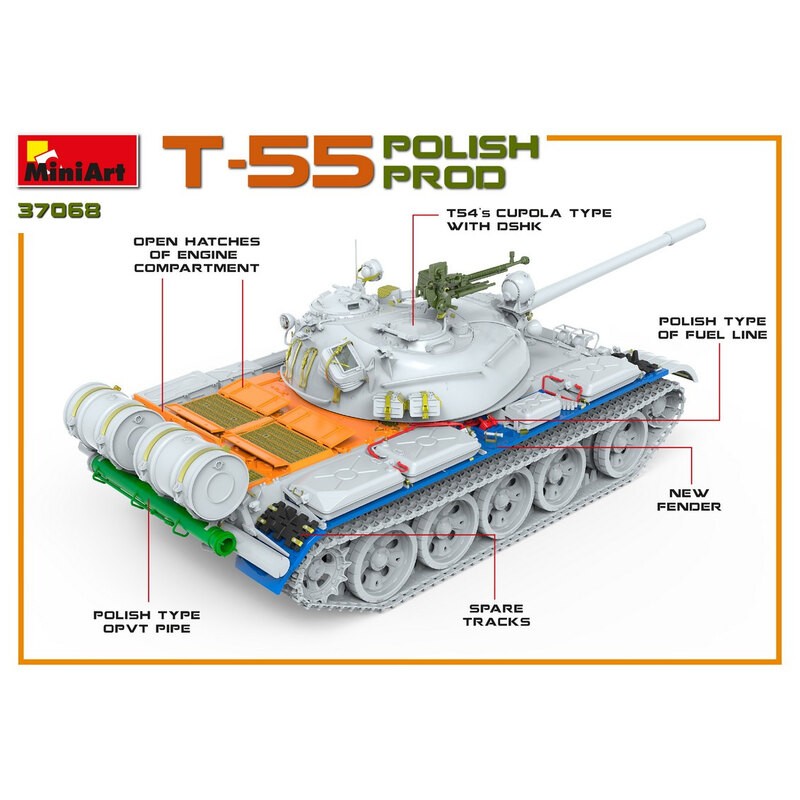 T-55 soviétique POLISH PROD. MODÈLE HAUTEMENT DÉTAILLÉ BARRES DE TORSION PORTABLES LIENS DE VOIE INDIVIDUELS INCLUS PIÈCES ATTAC