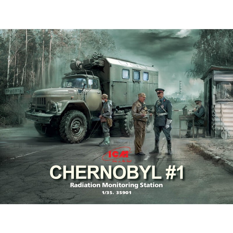 Tchernobyl1. Station de surveillance des radiations (camion ZiL-131KShM et 5 figurines et base de diorama avec fond) Kits et fig