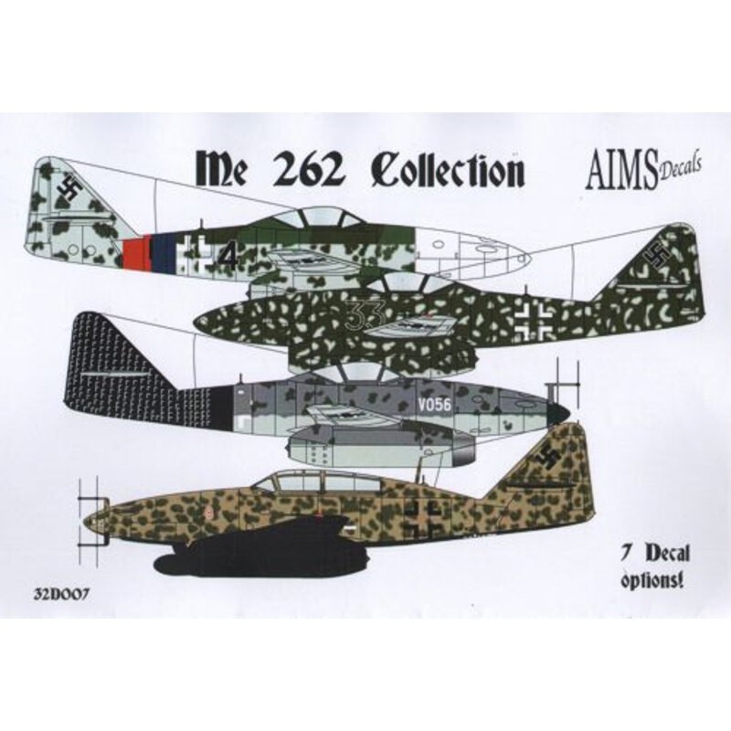 Décal Messerschmitt Me-262A / B Collection (7) A-1 Black 33 2 / AGr 6; Prototype VO56; Black 4 JG 7 Red / Blue Reich Defence Ban