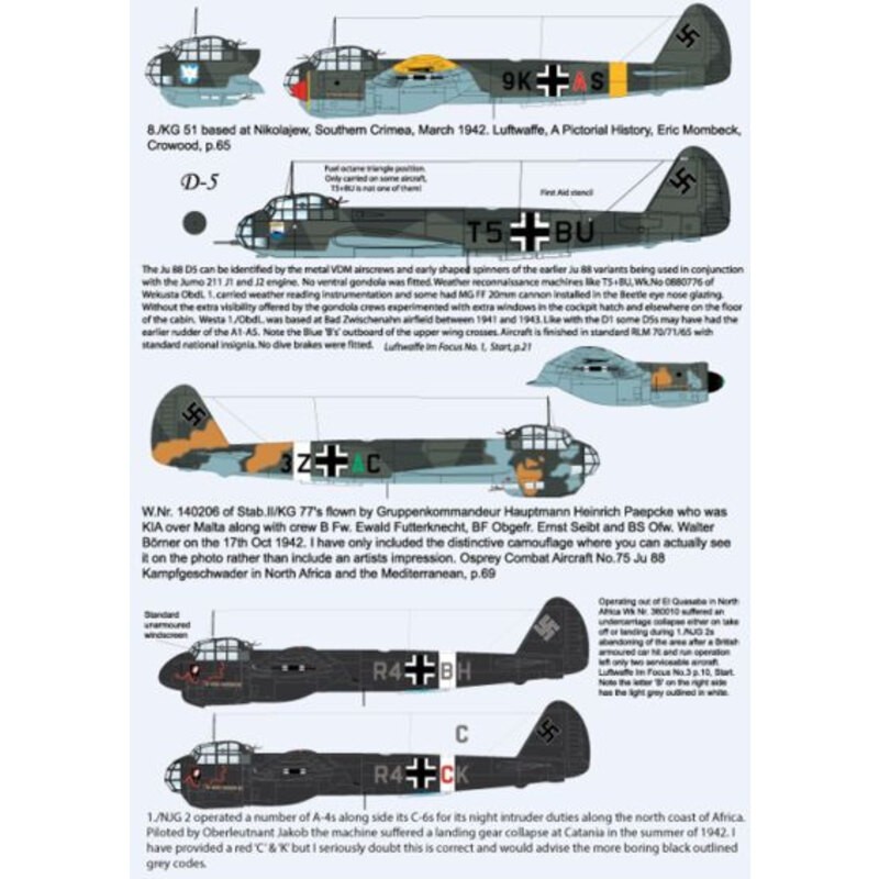 Décal Junkers Ju-88A-4A-4 9K + AS de 8./KG 51, Crimée 1942D-5 T5 + BU de Wekusta ObdL 1, Bad Zwischenahn, 1942A-4 3Z + AC de Sta