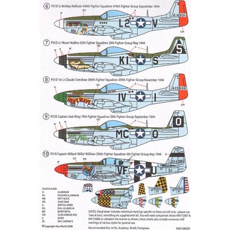 Décal North American P-51D Mustang - Nose Art Selection -Red Dog XII Shillelagh Happy Jacks Go Buggy Heat Wave Ridge Runner Pin-