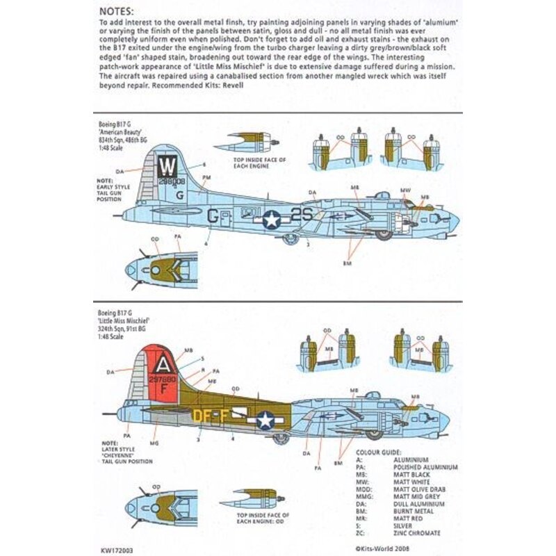 Décal Boeing B-17G Flying Fortress (2) 298008 2S-G/W American Beauty 834th BS 486th BG 297880 DF-F/A Little Miss Mischief 324th 