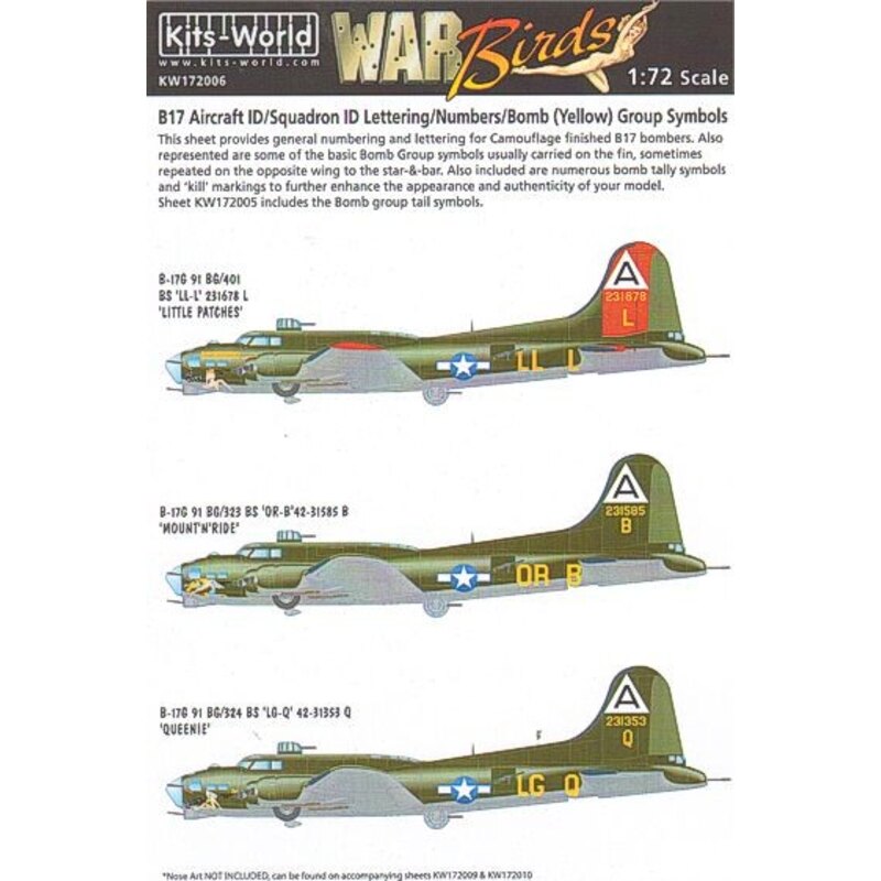 Décal Boeing B-17F/Boeing B-17G Flying Fortress Aircraft ID/Squadron ID Lettering Yellow/Numbers Yellow/Bomb Group Symbols Missi