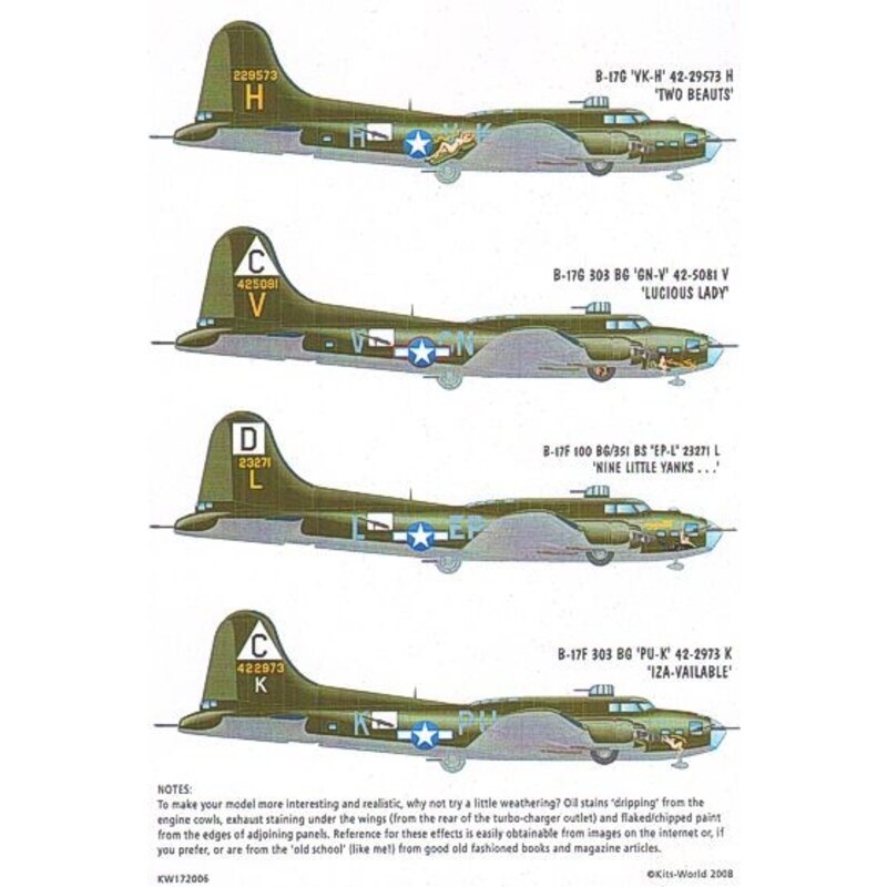 Décal Boeing B-17F/Boeing B-17G Flying Fortress Aircraft ID/Squadron ID Lettering Yellow/Numbers Yellow/Bomb Group Symbols Missi