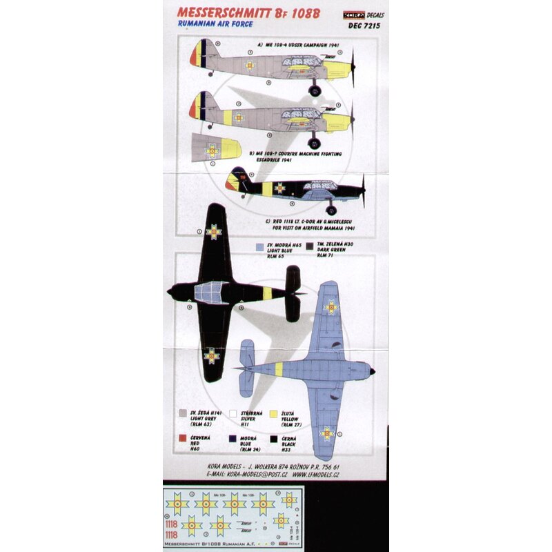 Décal Messerschmitt Bf 108B (3) Rumanian Air Force (3) 2 in overall RLM 63 with yellow nose Red 1118 RLM 71/65 in resin detail p