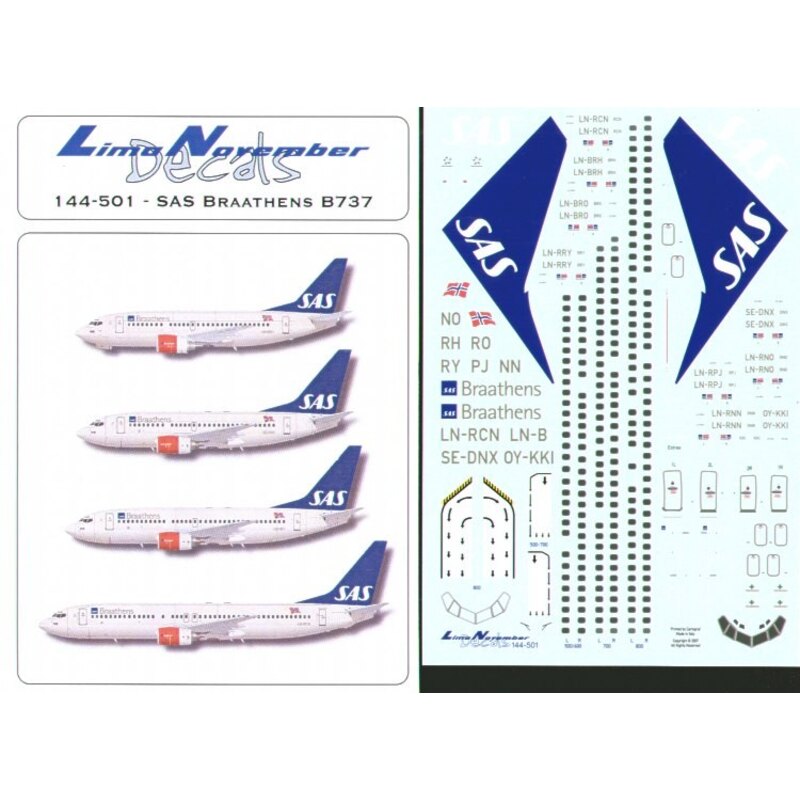 Décal Boeing 737-500/-600/-700/-800. SAS BRAATHENS. Choice of registrations includes windows and doors